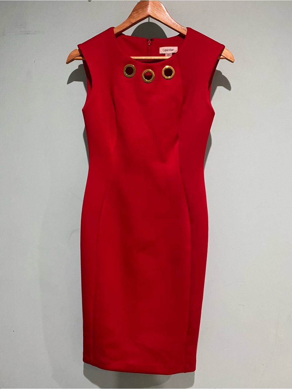 Calvin Klein Red Sheath Midi Dress with Gold Grommet Detail